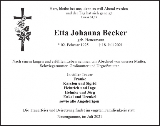 Traueranzeige von Etta Johanna Becker von Hamburger Tageszeitungen und Anzeigenblättern der FUNKE Mediengruppe