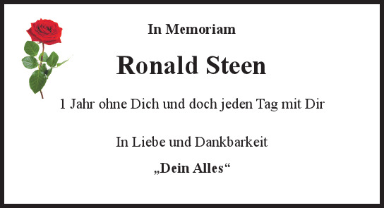 Traueranzeige von Ronald Steen von Hamburger Tageszeitungen und Anzeigenblättern der FUNKE Mediengruppe