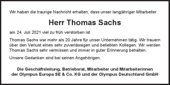 Traueranzeige von Thomas Sachs von Hamburger Tageszeitungen und Anzeigenblättern der FUNKE Mediengruppe
