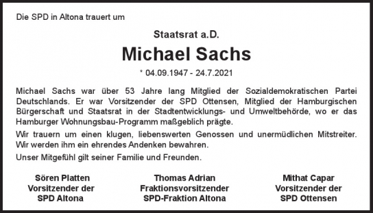Traueranzeige von Michael Sachs von Hamburger Tageszeitungen und Anzeigenblättern der FUNKE Mediengruppe
