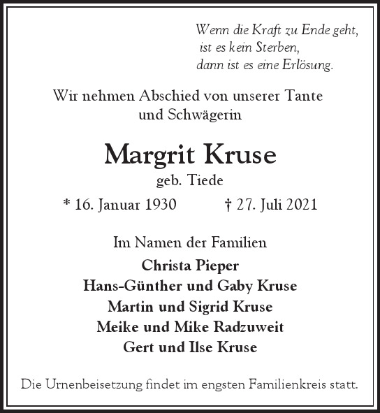 Traueranzeige von Margrit Kruse von Hamburger Tageszeitungen und Anzeigenblättern der FUNKE Mediengruppe