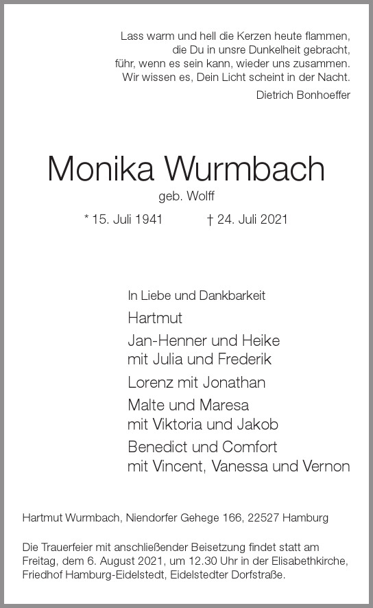 Traueranzeige von Monika Wurmbach von Hamburger Tageszeitungen und Anzeigenblättern der FUNKE Mediengruppe