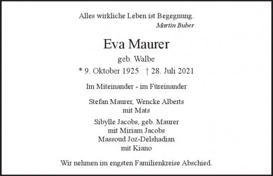 Traueranzeige von Eva Maurer von Hamburger Tageszeitungen und Anzeigenblättern der FUNKE Mediengruppe