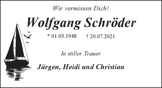 Traueranzeige von Wolfgang Schröder von Hamburger Tageszeitungen und Anzeigenblättern der FUNKE Mediengruppe