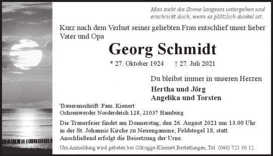 Traueranzeige von Georg Schmidt von Hamburger Tageszeitungen und Anzeigenblättern der FUNKE Mediengruppe