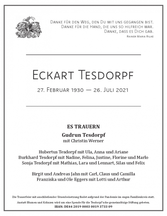 Traueranzeige von Eckart Tesdorpf von Hamburger Tageszeitungen und Anzeigenblättern der FUNKE Mediengruppe