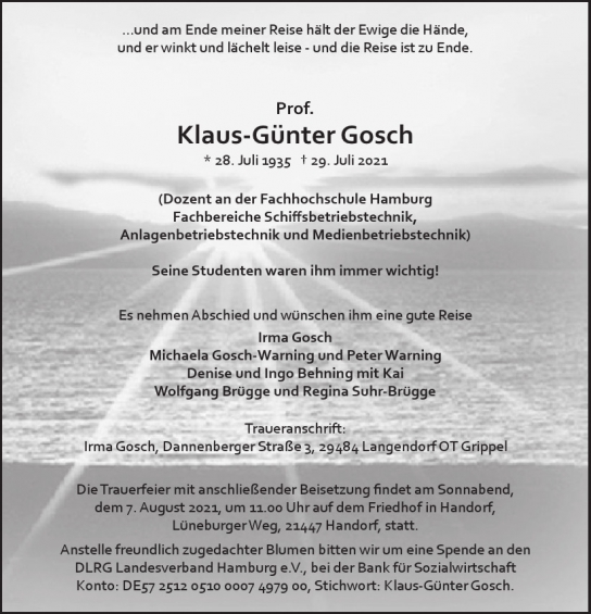 Traueranzeige von Klaus-Günter Gosch von Hamburger Tageszeitungen und Anzeigenblättern der FUNKE Mediengruppe