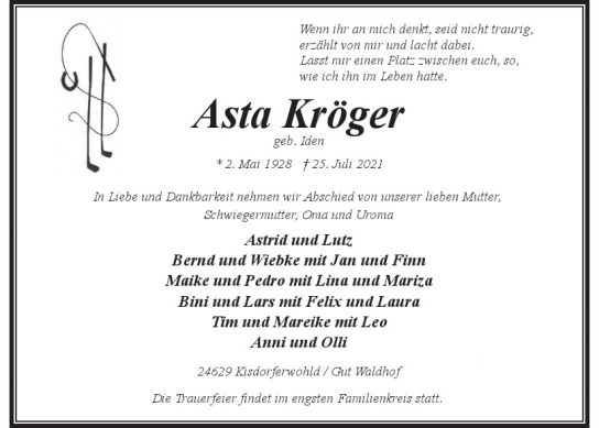 Traueranzeige von Asta Kröger von Hamburger Tageszeitungen und Anzeigenblättern der FUNKE Mediengruppe