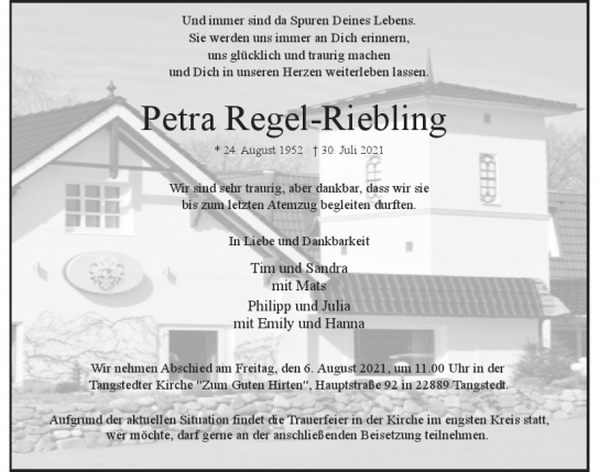 Traueranzeige von Petra Regel-Riebling von Hamburger Tageszeitungen und Anzeigenblättern der FUNKE Mediengruppe