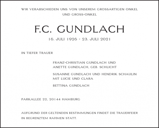 Traueranzeige von F. C. Gundlach von Hamburger Tageszeitungen und Anzeigenblättern der FUNKE Mediengruppe