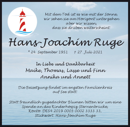 Traueranzeige von Hans-Joachim Ruge von Hamburger Tageszeitungen und Anzeigenblättern der FUNKE Mediengruppe