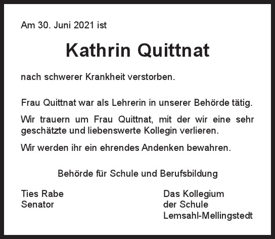 Traueranzeige von Kathrin Quittnat von Hamburger Tageszeitungen und Anzeigenblättern der FUNKE Mediengruppe