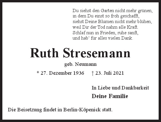 Traueranzeige von Ruth Stresemann von Hamburger Tageszeitungen und Anzeigenblättern der FUNKE Mediengruppe