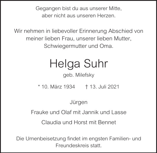 Traueranzeige von Helga Suhr von Hamburger Tageszeitungen und Anzeigenblättern der FUNKE Mediengruppe