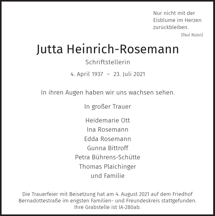  Traueranzeige für Jutta Heinrich-Rosemann vom 07.08.2021 aus Hamburger Tageszeitungen und Anzeigenblättern der FUNKE Mediengruppe