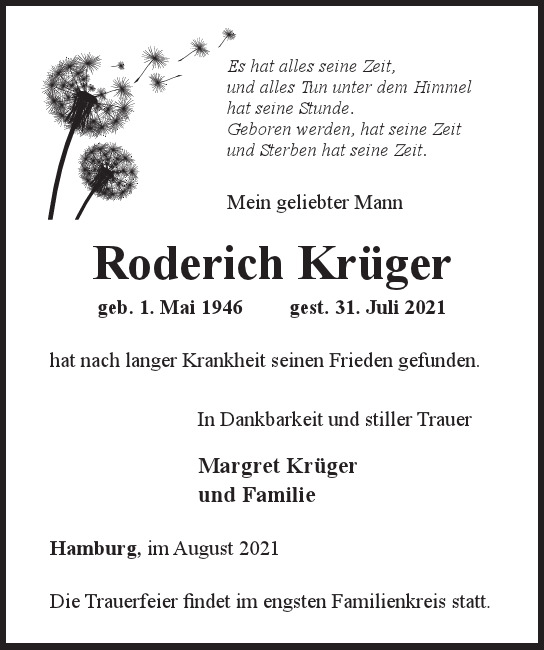 Traueranzeige von Roderich Krüger von Hamburger Tageszeitungen und Anzeigenblättern der FUNKE Mediengruppe