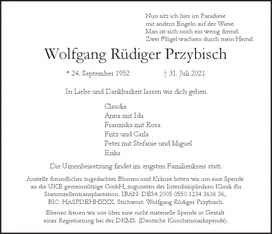 Traueranzeige von Wolfgang Rüdiger Przybisch von Hamburger Tageszeitungen und Anzeigenblättern der FUNKE Mediengruppe
