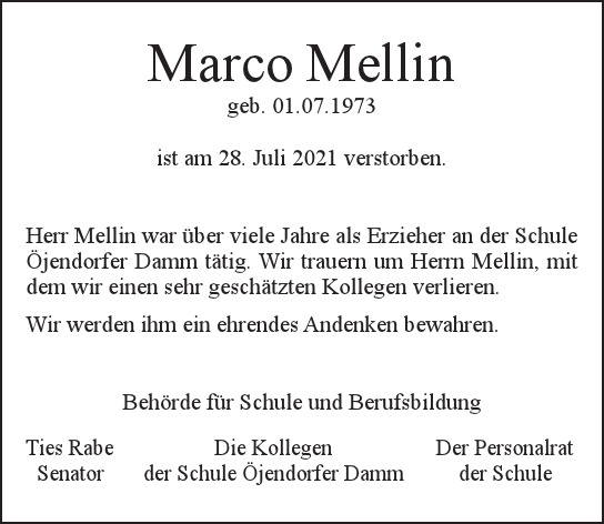 Traueranzeige von Marco Mellin von Hamburger Tageszeitungen und Anzeigenblättern der FUNKE Mediengruppe