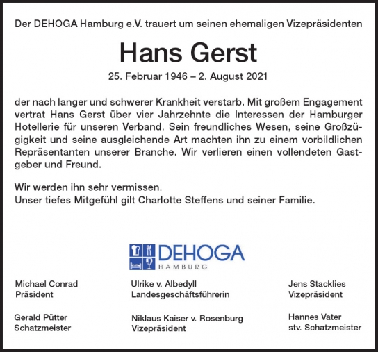 Traueranzeige von Hans Gerst von Hamburger Tageszeitungen und Anzeigenblättern der FUNKE Mediengruppe