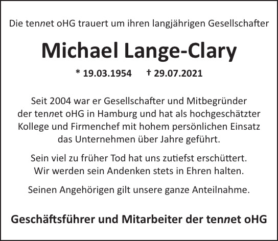 Traueranzeige von Michael Lange-Clary von Hamburger Tageszeitungen und Anzeigenblättern der FUNKE Mediengruppe
