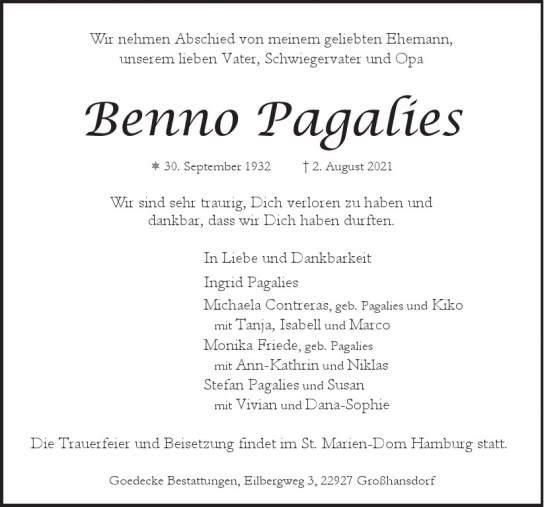 Traueranzeige von Benno Pagalies von Hamburger Tageszeitungen und Anzeigenblättern der FUNKE Mediengruppe