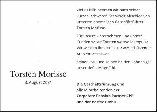 Traueranzeige von Torsten Morisse von Hamburger Tageszeitungen und Anzeigenblättern der FUNKE Mediengruppe