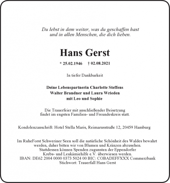 Traueranzeige von Hans Gerst von Hamburger Tageszeitungen und Anzeigenblättern der FUNKE Mediengruppe