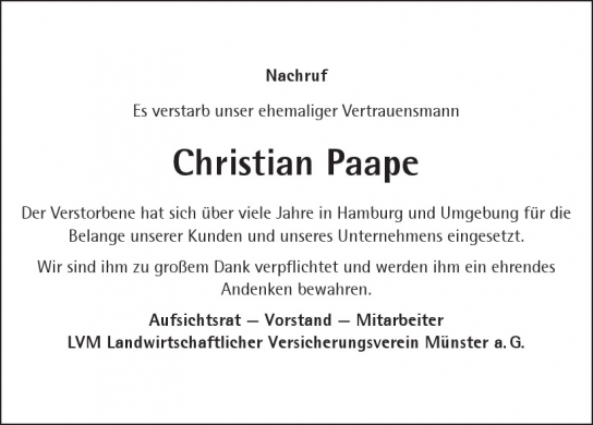 Traueranzeige von Christian Paape von Hamburger Tageszeitungen und Anzeigenblättern der FUNKE Mediengruppe