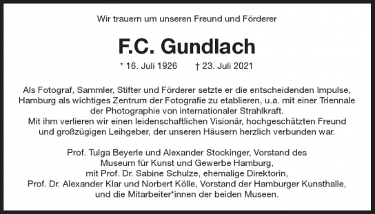 Traueranzeige von F. C. Gundlach von Hamburger Tageszeitungen und Anzeigenblättern der FUNKE Mediengruppe