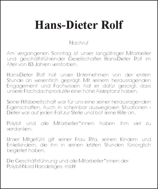 Traueranzeige von Hans-Dieter Rolf von Hamburger Tageszeitungen und Anzeigenblättern der FUNKE Mediengruppe
