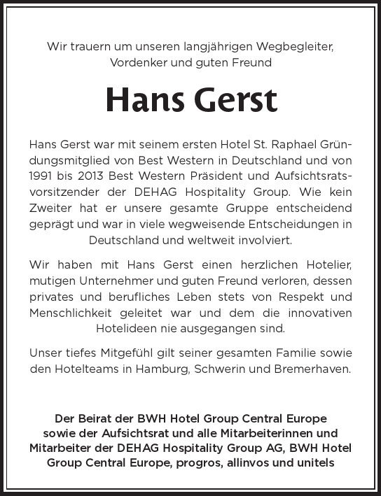 Traueranzeige von Hans Gerst von Hamburger Tageszeitungen und Anzeigenblättern der FUNKE Mediengruppe