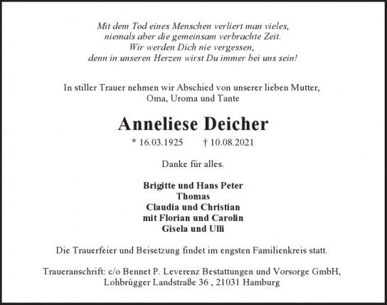 Traueranzeige von Anneliese Deicher  von Hamburger Tageszeitungen und Anzeigenblättern der FUNKE Mediengruppe