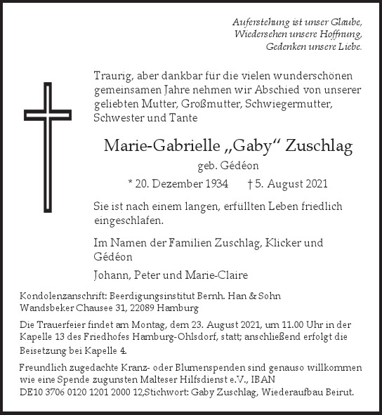 Traueranzeige von Marie-Gabrielle Gaby Zuschlag  von Hamburger Tageszeitungen und Anzeigenblättern der FUNKE Mediengruppe