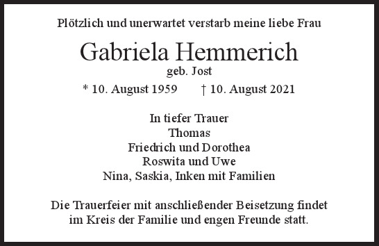 Traueranzeige von Gabriela  Hemmerich  von Hamburger Tageszeitungen und Anzeigenblättern der FUNKE Mediengruppe
