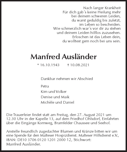 Traueranzeigen von Manfred Ausländer | HamburgerTRAUER.de