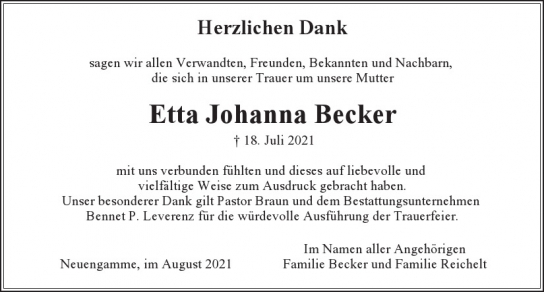 Traueranzeige von Etta Johanna Becker  von Hamburger Tageszeitungen und Anzeigenblättern der FUNKE Mediengruppe