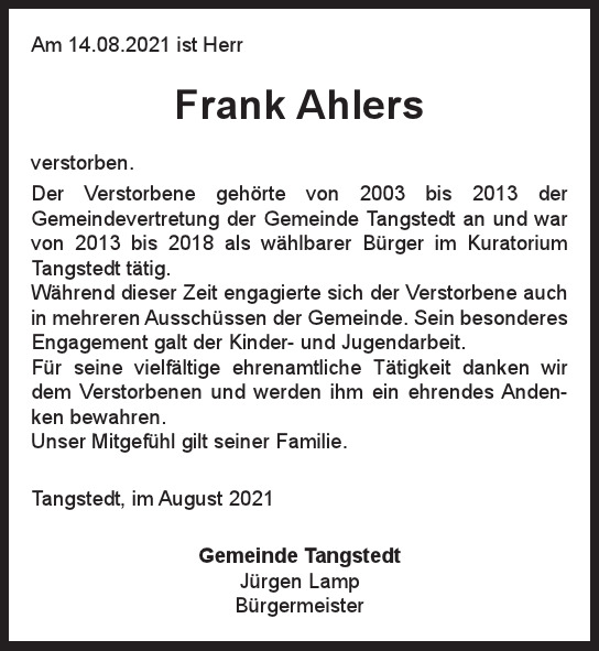 Traueranzeige von Frank Ahlers von Hamburger Tageszeitungen und Anzeigenblättern der FUNKE Mediengruppe