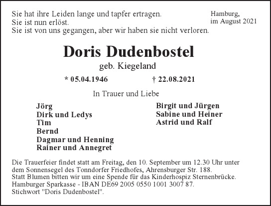  Traueranzeige für Doris Dudenbostel  vom 28.08.2021 aus Hamburger Tageszeitungen und Anzeigenblättern der FUNKE Mediengruppe