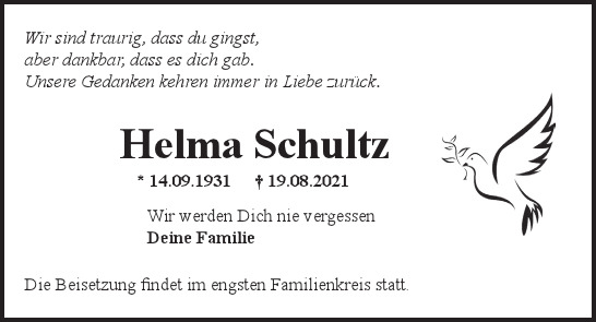 Traueranzeige von Helma  Schultz  von Hamburger Tageszeitungen und Anzeigenblättern der FUNKE Mediengruppe