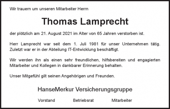 Traueranzeige von Thomas Lambrecht von Hamburger Tageszeitungen und Anzeigenblättern der FUNKE Mediengruppe
