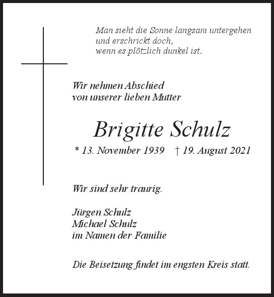Traueranzeige von Brigitte  Schulz  von Hamburger Tageszeitungen und Anzeigenblättern der FUNKE Mediengruppe