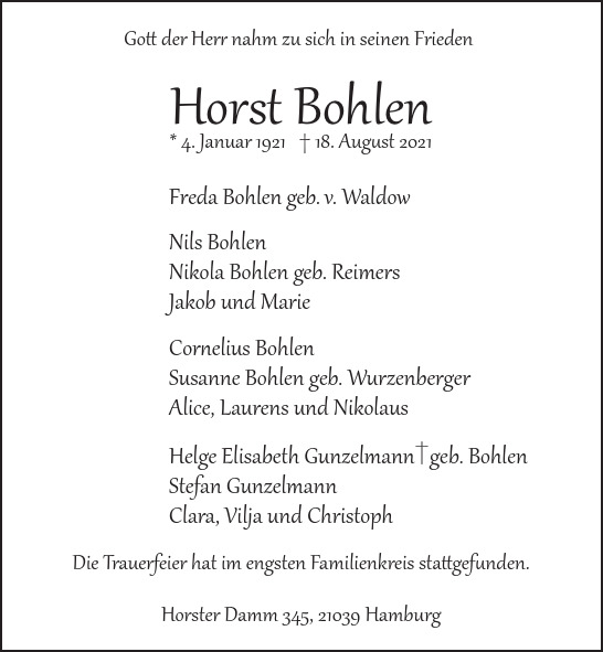 Traueranzeige von Horst  Bohlen von Hamburger Tageszeitungen und Anzeigenblättern der FUNKE Mediengruppe