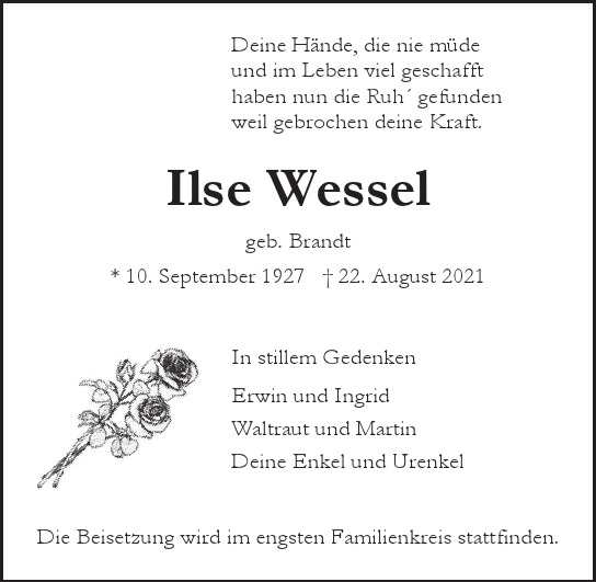 Traueranzeige von Ilse Wessel von Hamburger Tageszeitungen und Anzeigenblättern der FUNKE Mediengruppe