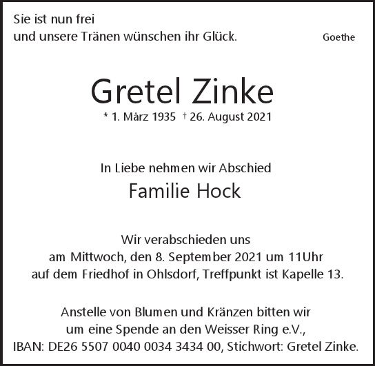 Traueranzeige von Gretel  Zinke  von Hamburger Tageszeitungen und Anzeigenblättern der FUNKE Mediengruppe
