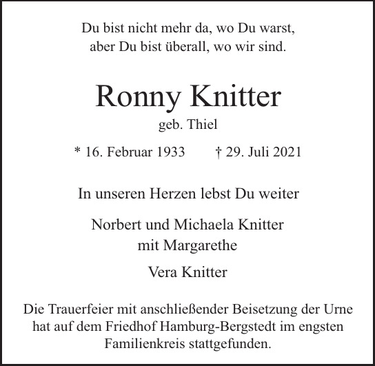 Traueranzeige von Ronny  Knitter  von Hamburger Tageszeitungen und Anzeigenblättern der FUNKE Mediengruppe