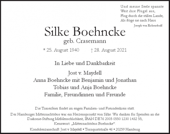 Traueranzeige von Silke Boehncke von Hamburger Tageszeitungen und Anzeigenblättern der FUNKE Mediengruppe