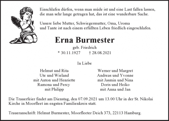 Traueranzeige von Erna  Burmester  von Hamburger Tageszeitungen und Anzeigenblättern der FUNKE Mediengruppe