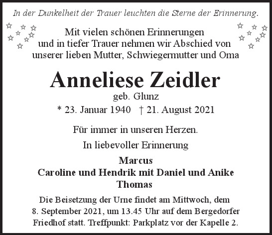 Traueranzeige von Anneliese  Zeidler  von Hamburger Tageszeitungen und Anzeigenblättern der FUNKE Mediengruppe