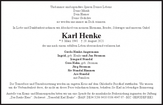 Traueranzeige von Karl Henke  von Hamburger Tageszeitungen und Anzeigenblättern der FUNKE Mediengruppe