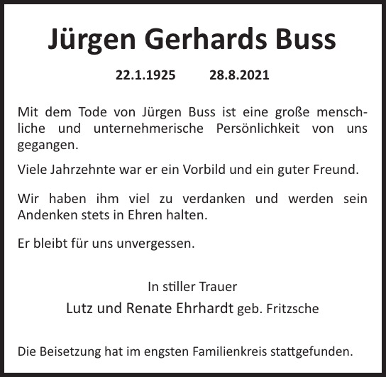 Traueranzeige von Jürgen Gerhards Buss  von Hamburger Tageszeitungen und Anzeigenblättern der FUNKE Mediengruppe
